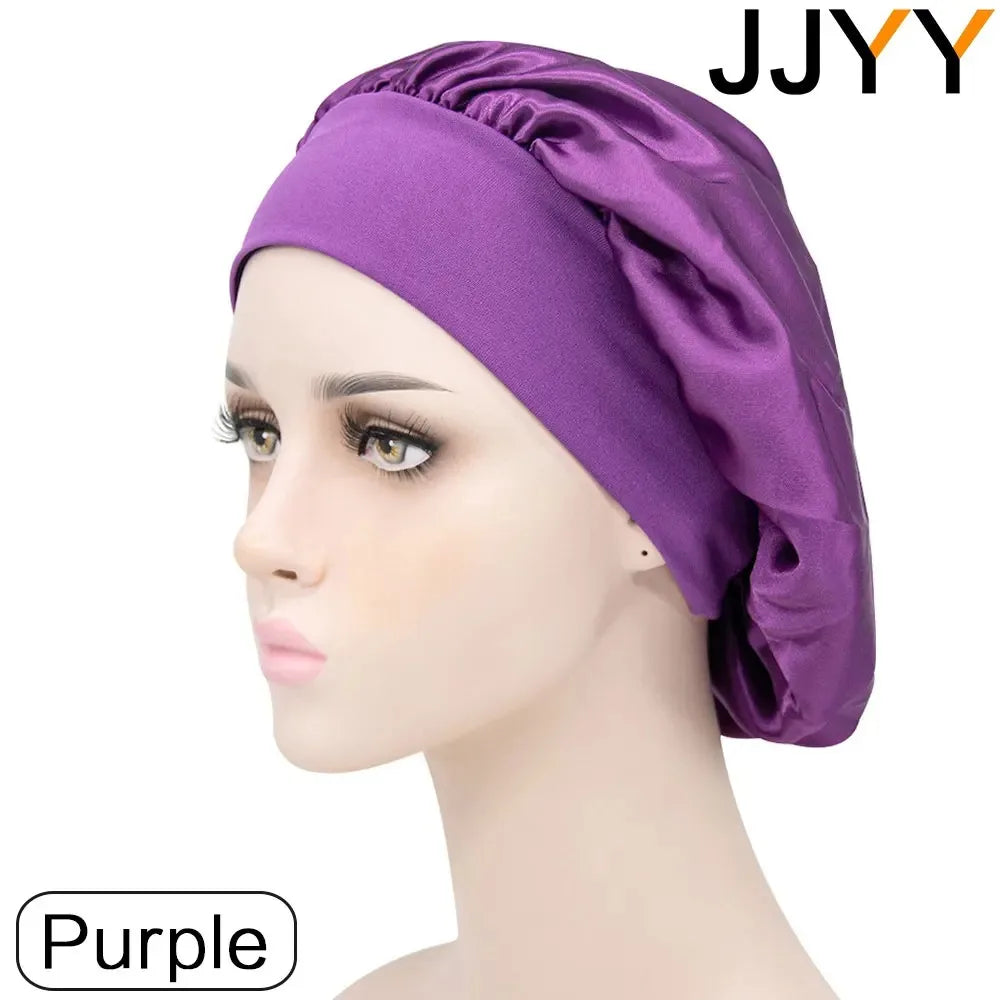 JJYY Adjust Solid Satin Bonnet Hair Styling Cap Long Hair Care Women Night Sleep Hat Silk Head Wrap Shower Cap Hair Styling Tool