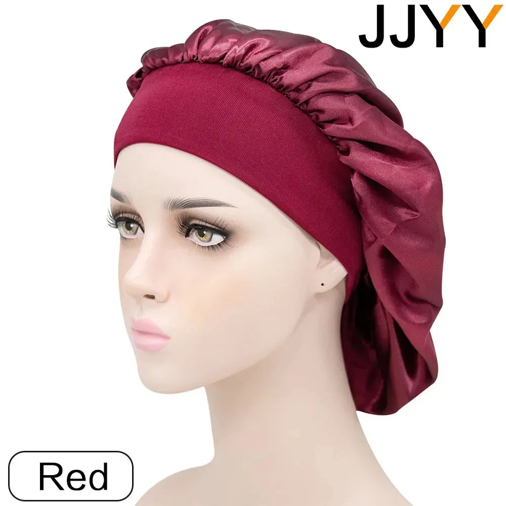 JJYY Adjust Solid Satin Bonnet Hair Styling Cap Long Hair Care Women Night Sleep Hat Silk Head Wrap Shower Cap Hair Styling Tool