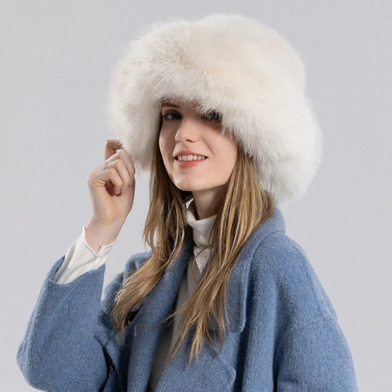 Women Winter Hat Thickened Artificial Rabbit Hair Bucket Hat Warm Earwarmer Earmuff Russia Cossack Hat Fur Outdoor Ski Cap