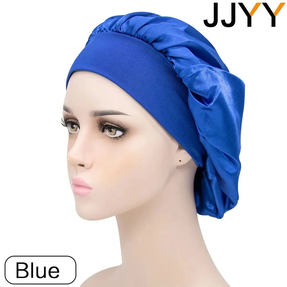 JJYY Adjust Solid Satin Bonnet Hair Styling Cap Long Hair Care Women Night Sleep Hat Silk Head Wrap Shower Cap Hair Styling Tool